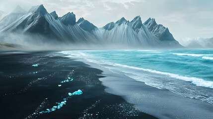Fototapeta premium Majestic Mountains and Black Sand Beach: An Icelandic Coastal Paradise