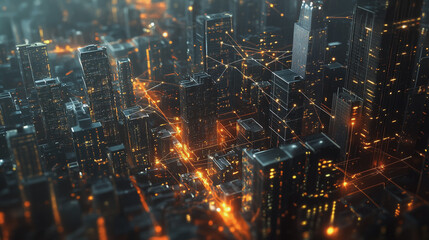 Fototapeta premium Smart digital Innovation city with connection network reciprocity over the twilight cityscape. of future smart wireless digital city and social media networking systems that connects people with city 