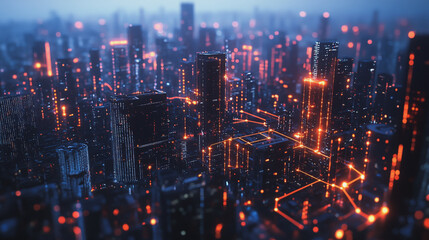 Fototapeta premium Smart digital Innovation city with connection network reciprocity over the twilight cityscape. of future smart wireless digital city and social media networking systems that connects people with city 