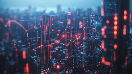 Fototapeta premium Smart digital Innovation city with connection network reciprocity over the twilight cityscape. of future smart wireless digital city and social media networking systems that connects people with city 
