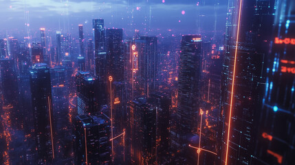 Fototapeta premium Smart digital Innovation city with connection network reciprocity over the twilight cityscape. of future smart wireless digital city and social media networking systems that connects people with city 
