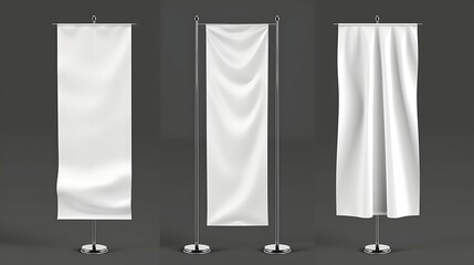 Blank white advertising flags on gray background. Mock up, 3D Rendering