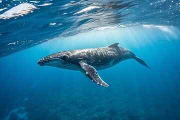 Fototapeta premium A stunning underwater shot of a baby humpback whale calf swimming gracefully in vibrant blue waters. The peaceful ocean setting captures the majestic beauty of marine wildlife.