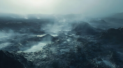 Fototapeta premium Mystical Volcanic Landscape: A Journey into a Dark and Misty World