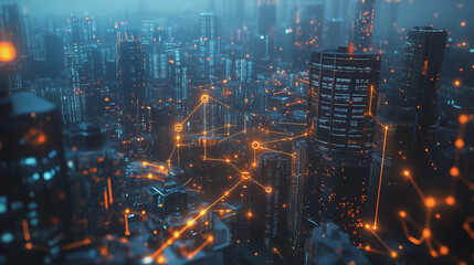 Smart digital Innovation city with connection network reciprocity over the twilight cityscape. of future smart wireless digital city and social media networking systems that connects people with city
