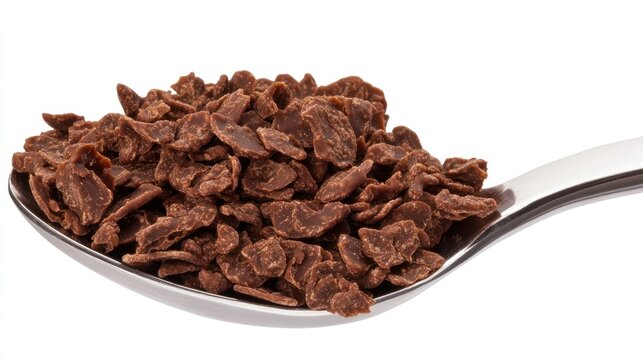 A Spoonful of Delicious Chocolate Shavings: A Close-Up Photography of Rich Brown Chocolate Pieces on a Metal Spoon against a White Background