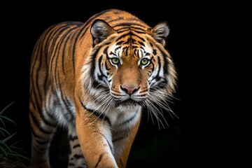 Fototapeta premium A powerful tiger with piercing eyes steps forward against a solid black background. The close-up captures its intense gaze, sleek stripes, and the raw beauty of this apex predator.