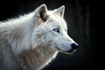 Obraz premium A captivating portrait of a white wolf with striking blue eyes, illuminated softly against a dark background. The image captures the wolf’s elegance, strength, and untamed spirit.