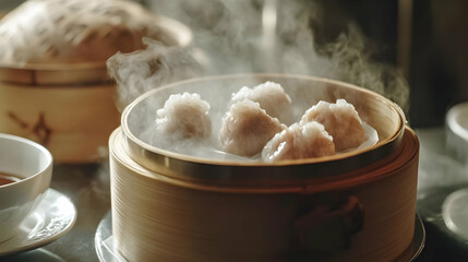 Fototapeta premium Steaming Hot Dim Sum: A Close-Up View of Delicious Chinese Dumplings