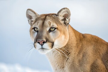 Obraz premium A stunning portrait of a puma with piercing yellow eyes, captured against a soft, light background. The image highlights the feline's sleek fur and intense gaze, showcasing its majestic beauty.