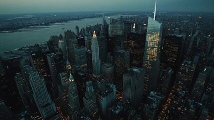 Obraz premium Night aerial view of Manhattan skyline, city lights illuminating skyscrapers, river in background, ideal for travel or city life themes