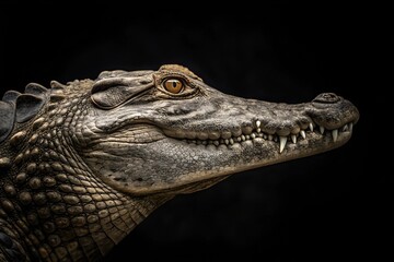 Obraz premium Dramatic side profile of a crocodile with detailed scales and sharp teeth, set against a dark black background. A striking representation of this ancient predator's strength and power.