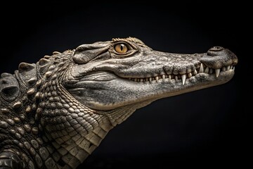 Fototapeta premium Side profile of a crocodile with textured scales and sharp teeth, set against a dark background. A powerful and detailed representation of this ancient and iconic predator.