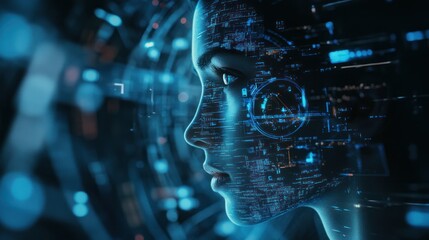 A futuristic profile of a woman with digital elements and data overlays.
