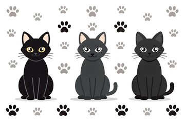 Obraz premium Set of Cute Cat Silhouettes and Paw Prints on White Background 