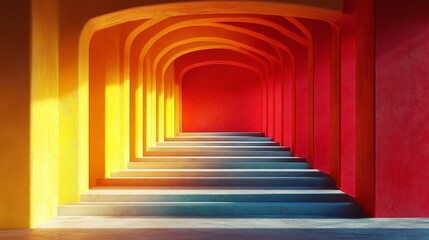 Vibrant hallway with red and yellow arches in gradient lighting