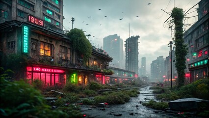 Naklejka premium Surreal AI-Generated Slums: Cyberpunk City Outskirts, Futuristic Poverty