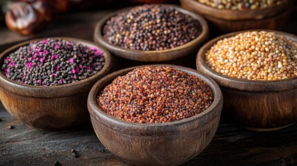 Rustic wooden bowls filled with colorful spices