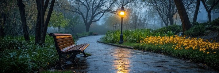 Misty Park Bench Lamp Yellow Flowers Pathway