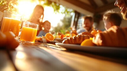 Familienfrühstück im Garten – Frische Croissants und Orangensaft in der Morgensonne

