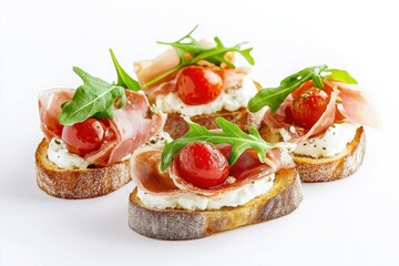 Mini bruschetta appetizers displayed on white background. Prosciutto, cherry tomatoes with fresh arugula featured. Image highlights delicious, rustic presentation suitable for restaurant menu.