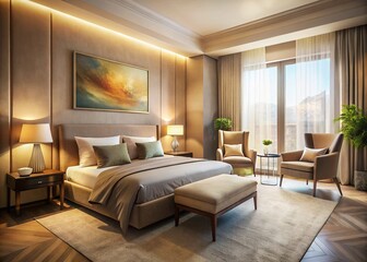 Fototapeta premium Surreal Beige Hotel Room: Dreamy Bed, Armchair, Window & Abstract Art