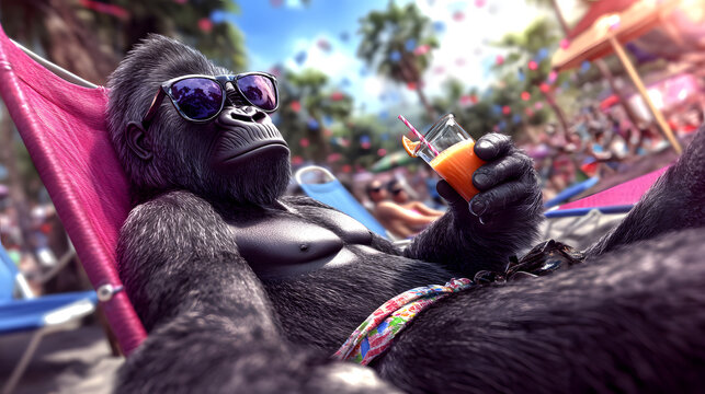 Party-Gorilla entspannt mit Cocktail auf der Sonnenliege &ndash; Sommer, Festival und Lebensfreude
