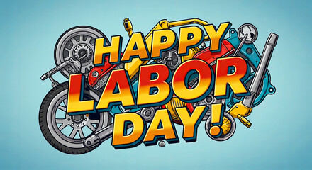 Vibrant Labour Day Poster Featuring Bold Yellow Text Surrounded by Gears, Tools, and Industrial Elements on a Bright Background, Celebrating Hard Work, Skilled Trades, and the Spirit of Workers