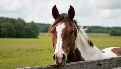 Obraz premium Appaloosa horse in a calm mood leaning over a fence in a green meadow