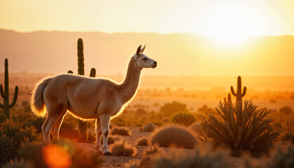 Fototapeta premium Llama in a cheerful mood standing in a sandy desert with cacti and mountains in the background 
