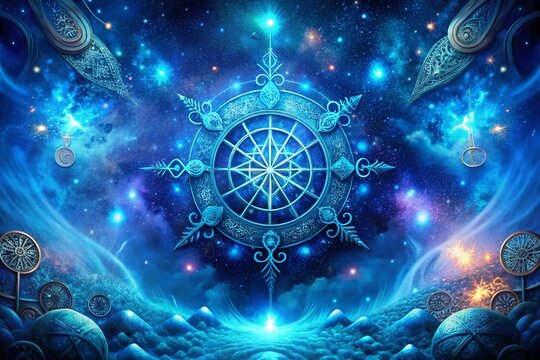 Surreal Blue Viking Scandinavian Symbols Background: Mystical Nordic Rune Art