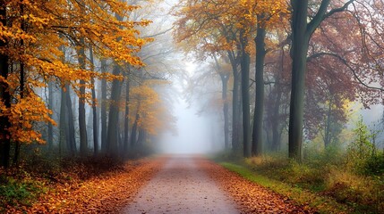 Fototapeta premium Autumnal Path Enveloped in Misty Serenity