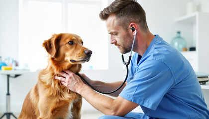 Veterinarian in a caring mood listening to a dog's heartbeat with a stethoscope in a clinic