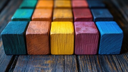 A colorful arrangement of small, rectangular wooden blocks,