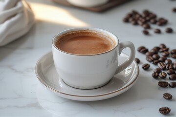 Morning break in a foodie city . Warm coffee cup on a saucer with coffee beans scattered nearby.