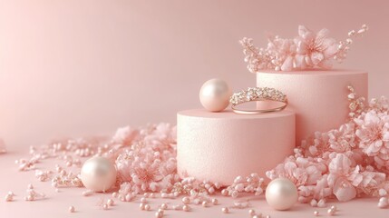Elegant Pink Jewelry Display with Flowers and Pearls