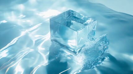 Crystal clear ice cube submerged in water