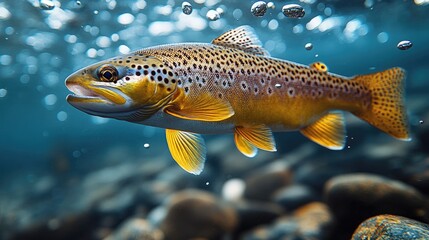Naklejka premium A brown trout swimming underwater, surrounded by clear blue water with bubbles rising to the surface.