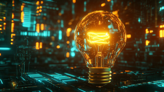 Futuristic light bulb glowing in a tech-savvy digital environment