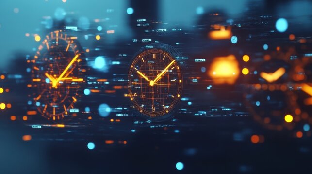 Futuristic clocks moving fast in digital world, representing concept of time, technology, and deadline, with binary code and particles flowing in background