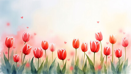 Watercolor illustration of blooming red tulip flowers.