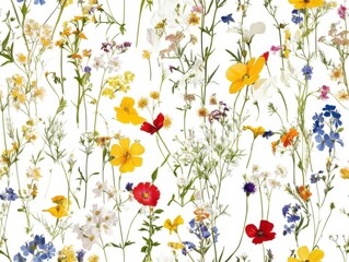 A Seamless Pattern of Various Colorful Wildflowers with Green Stems and Leaves on a White Background