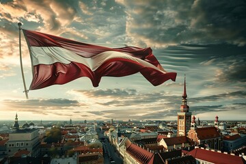Old town of Gdansk, Poland with Polish flag.