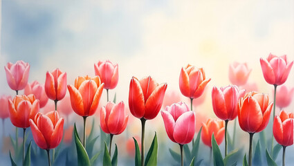 Close-up watercolor illustration of blooming red and pink tulip flowers, spring-themed card, floral background.