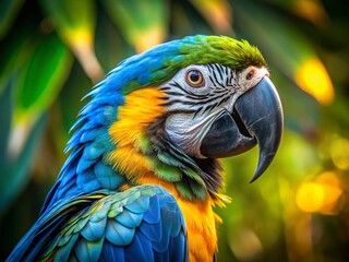 Obraz premium Surreal Close-Up of a Vibrant Macaw Parrot with Blue, Yellow, and Green Feathers – Tropical Bird Stock Photo