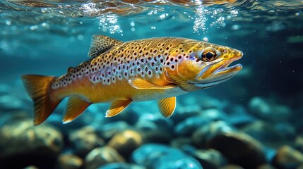 Fototapeta premium A brown trout swimming underwater, surrounded by clear blue water with bubbles rising to the surface.