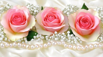 Three Pink Roses with Pearls on Silk