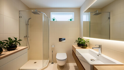 modern bathroom with white and blue tiles