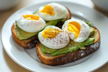 Morning break in a foodie city . Avocado toast topped with poached eggs and seasoning.