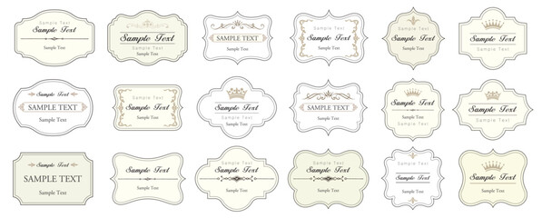 Decorative vintage frame and retro badge. Ornamental label frames. Old ornate labels, royal wedding insignia, sale sticker or invitation card. Isolated vector symbols set.eps